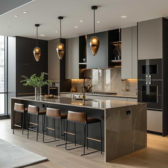 a large kitchen with an island and bar stools