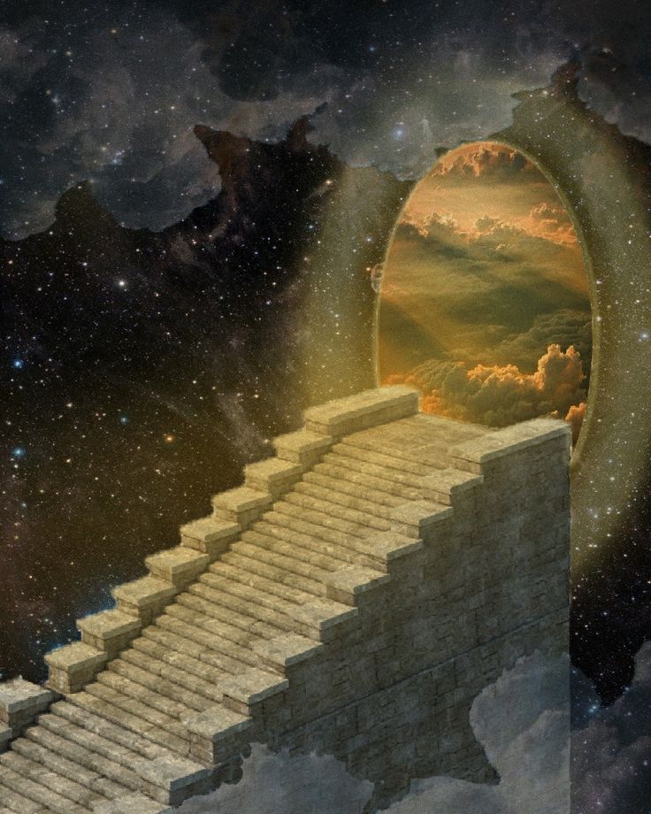 an image of a stairway going up to the sky with clouds and stars in the background