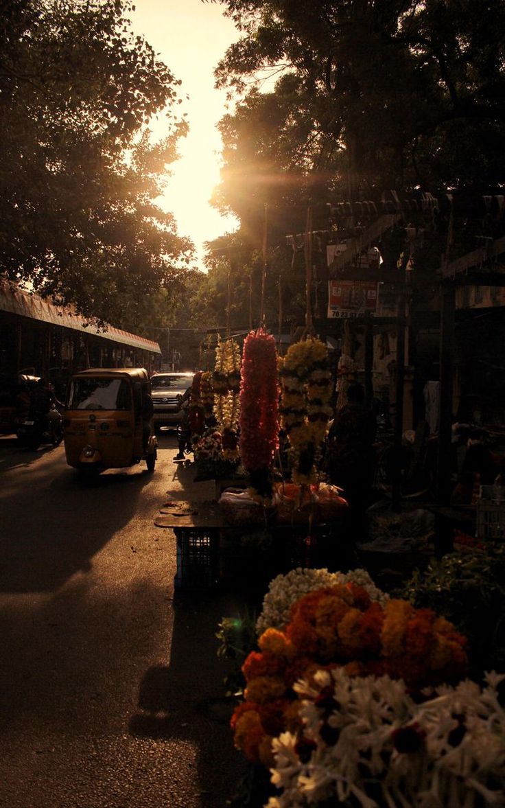 the sun shines brightly through the trees and flowers in front of an outdoor market