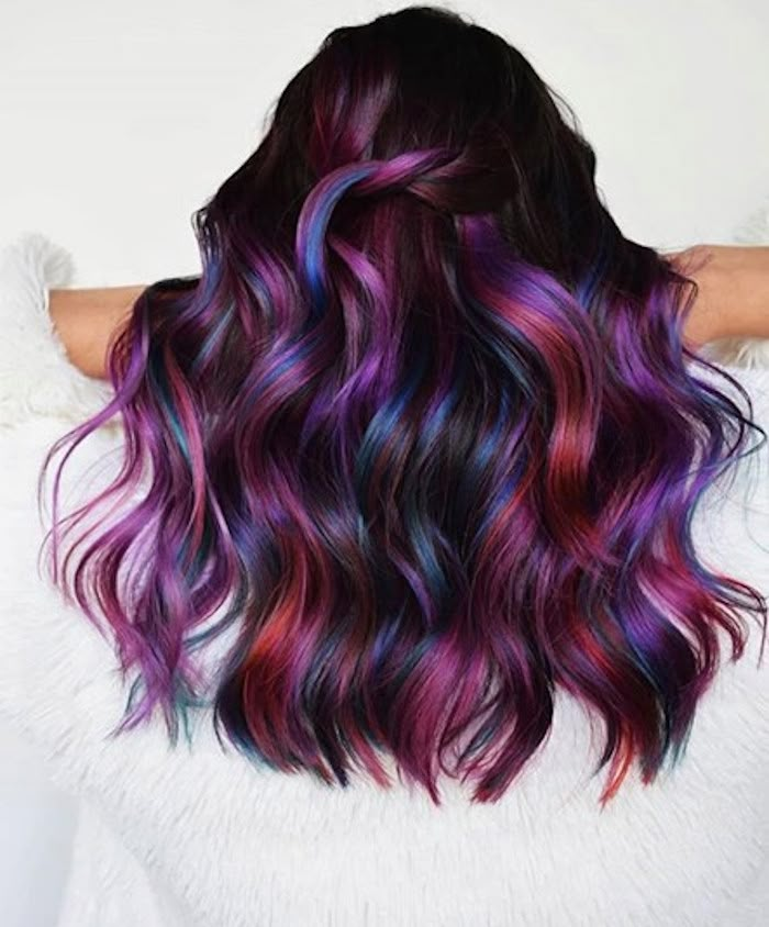 Vivid Balayage is 2020’s Sophisticated Take on Rainbow Hair Rainbow Hair Color Ideas, Oil Slick Hair, Maroon Hair, Vivid Hair Color, Rainbow Hair Color, Creative Hair Color, Brown Hair With Blonde Highlights, Multicolored Hair, Hair Color Purple