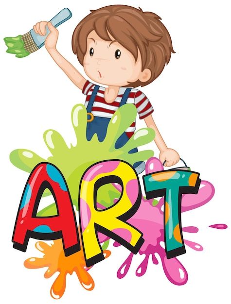 a boy painting the word art on a white background