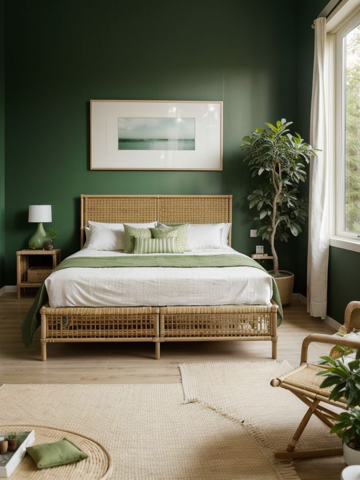 a bedroom with green walls and wicker furniture