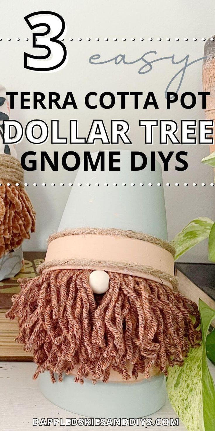 there is a potted plant and some other things on the table with text overlay that says terra cota pot dollar tree gnome diys