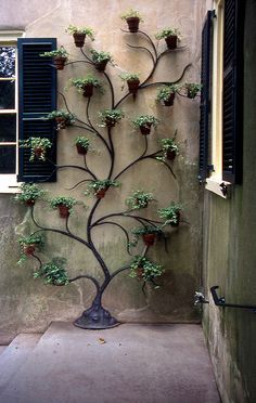 a metal tree with potted plants on it in front of a window and shutters