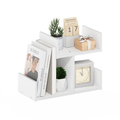 a shelf that has some books and pictures on it with a plant in the corner