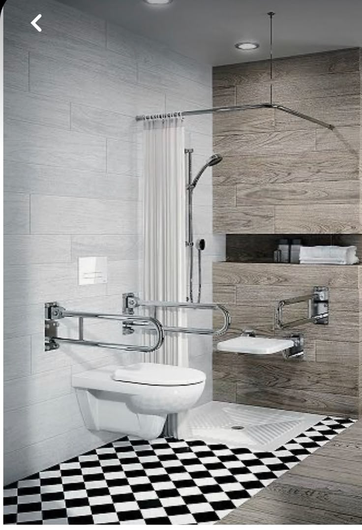 a bathroom with black and white checkered flooring next to a walk in shower