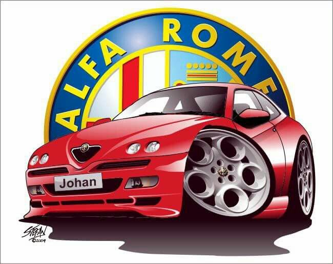 a red sports car parked in front of a alfa logo with the word roma on it