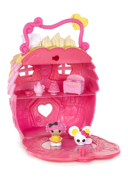 a pink doll house with two dolls inside