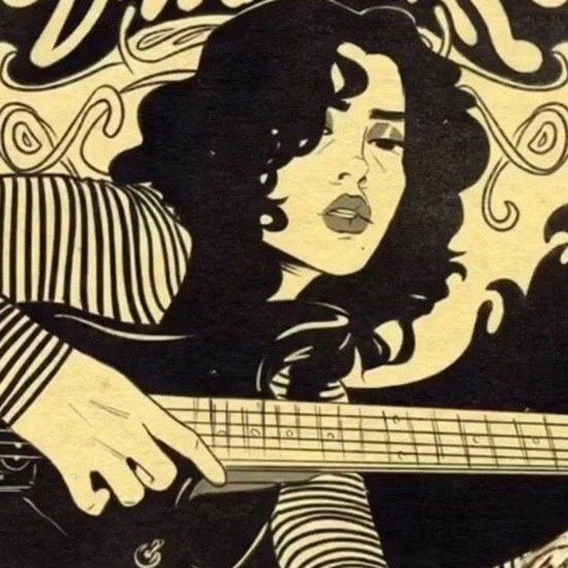 a drawing of a woman holding a guitar in front of her face, with the words dingley on it