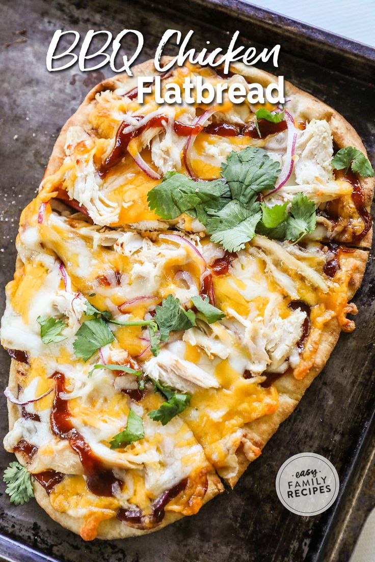 the flatbread pizza is topped with chicken, cheese and cilantro sauces