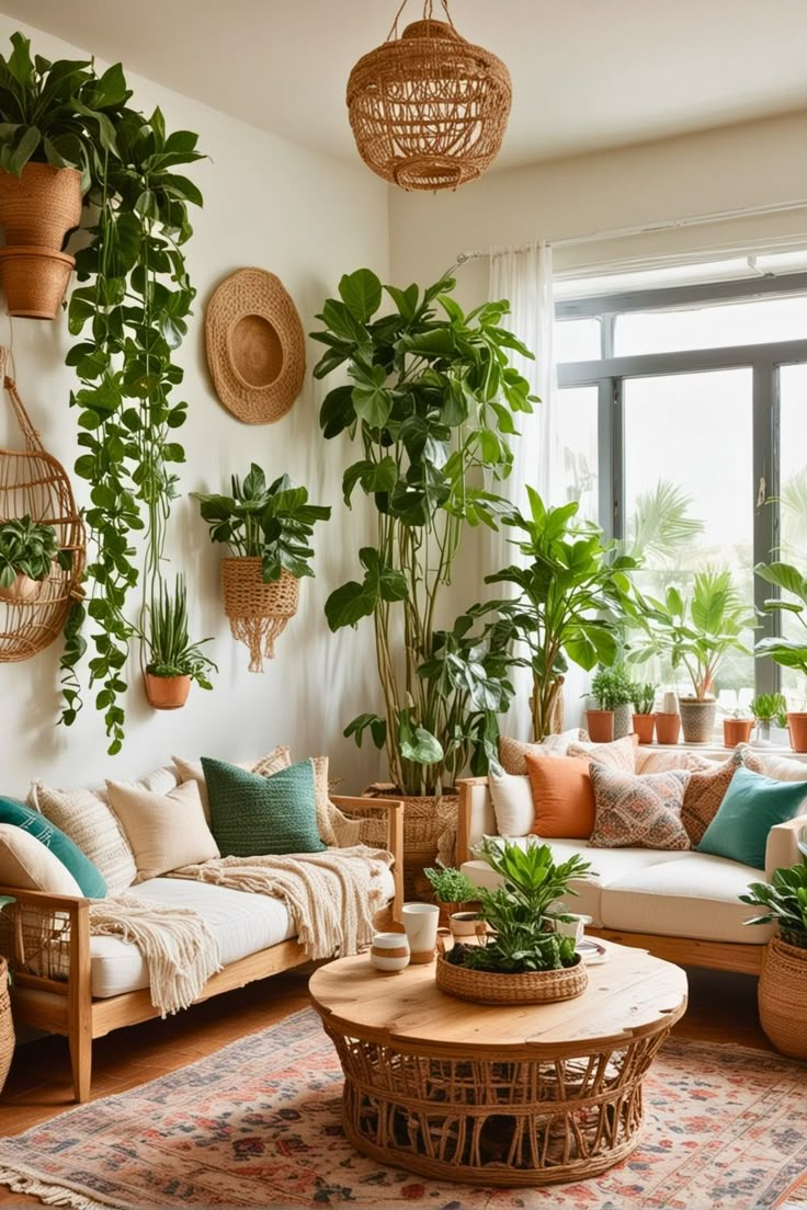 a living room filled with lots of potted plants