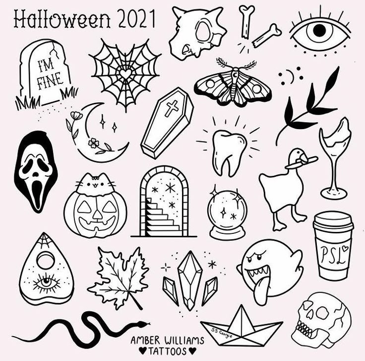 halloween doodles and icons on a pink background