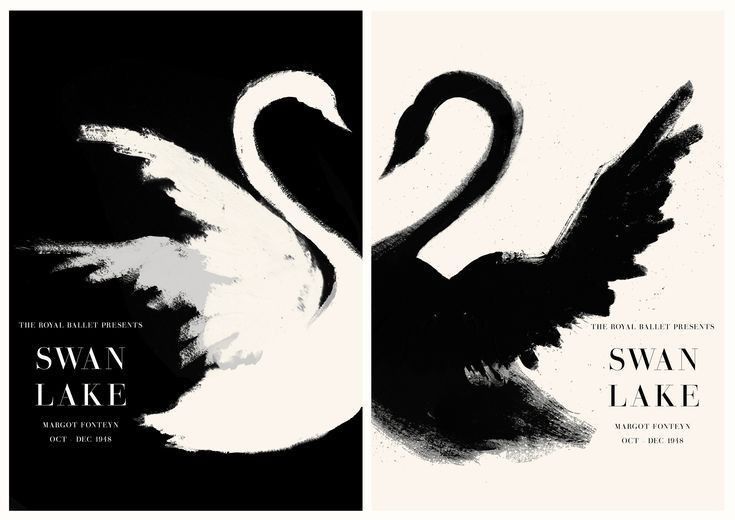 two black and white posters with swans in the middle one is for swan lake, the other is for snow lake