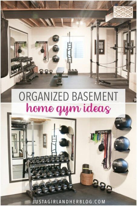 an organized basement home gym with lots of equipment