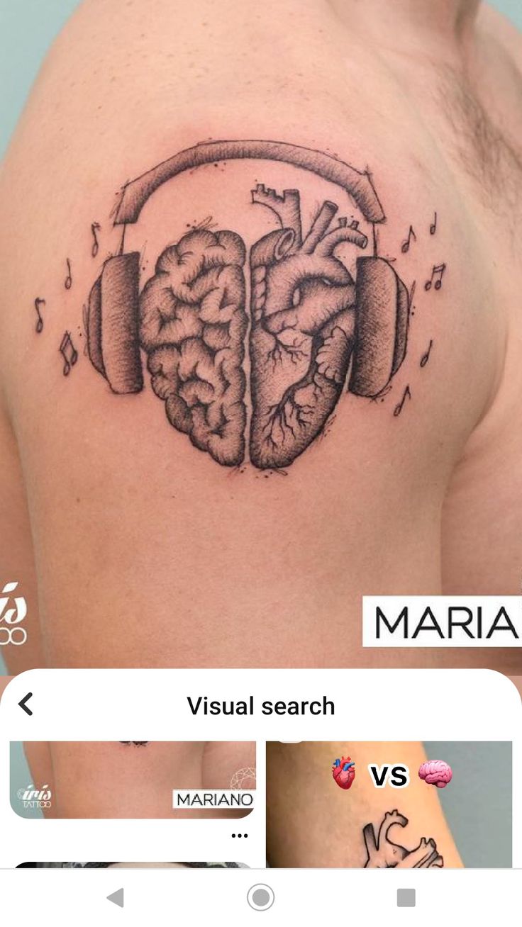 a man's chest with headphones on it and an image of his brain