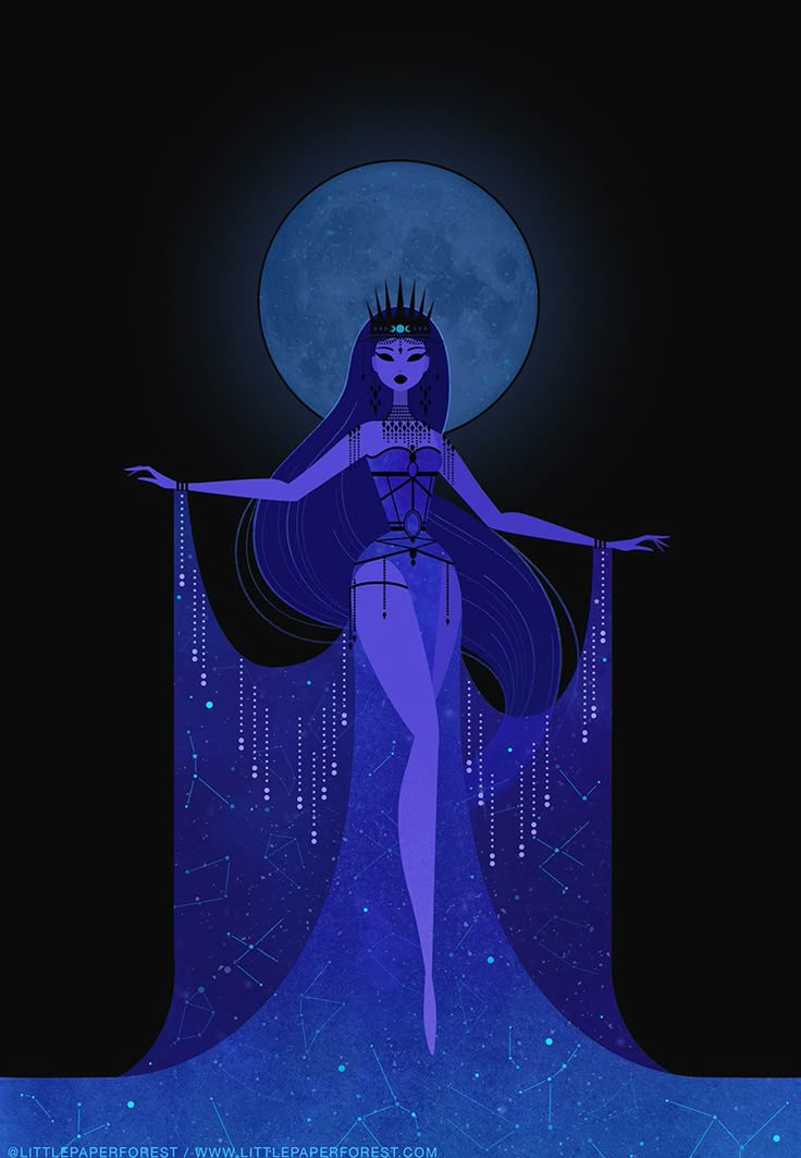 a woman with long hair standing in front of a full moon and stars filled sky