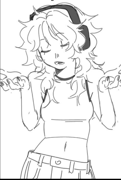 a drawing of a girl with headphones on her ears and hands in the air