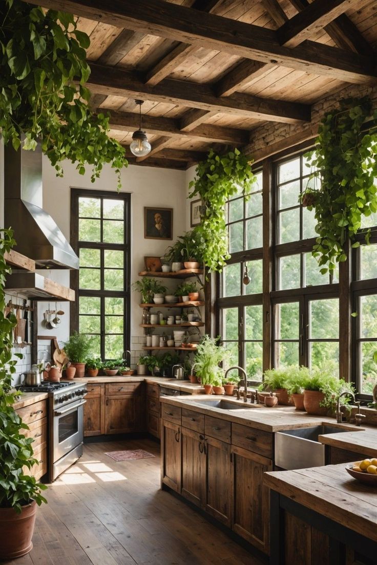 a kitchen filled with lots of potted plants next to windows covered in wooden planks