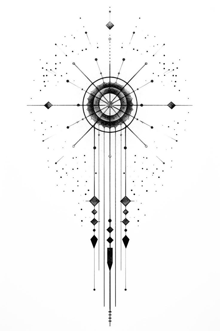 a black and white drawing of a clock with diamonds on it's face in the center