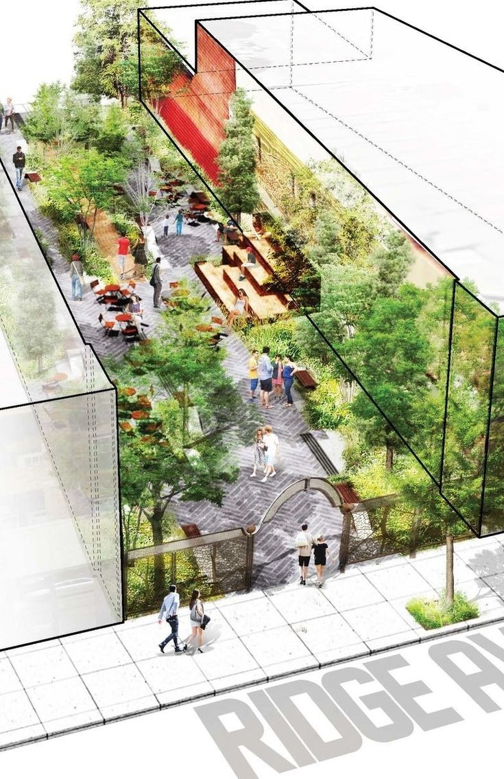 an artist's rendering of the exterior of a building with trees and people walking around