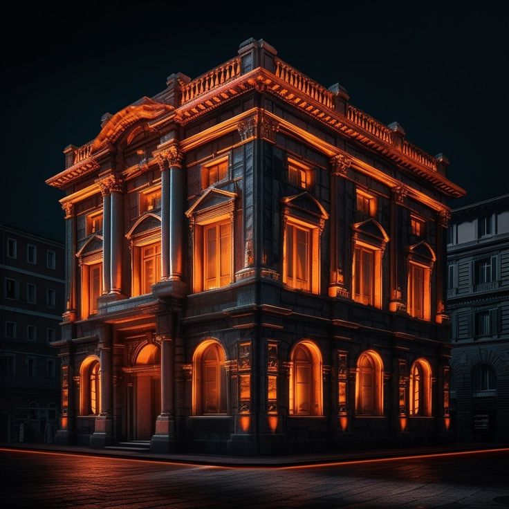 an old building lit up at night with orange lights on the front and side windows