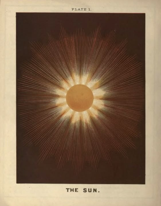 an image of the sun with rays coming out of it's center, in brown and white