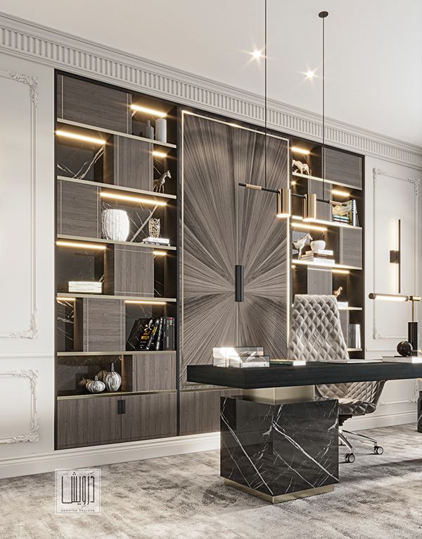 an elegant office with marble desk and bookcases in grey tones, along with modern lighting