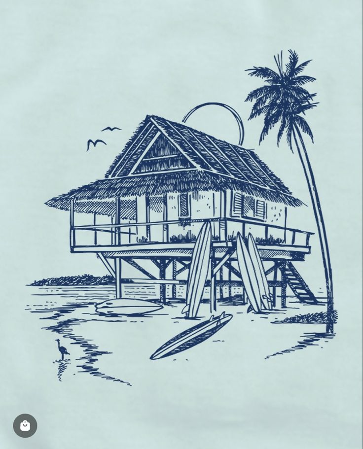 a drawing of a house on stilts with a surfboard in front of it