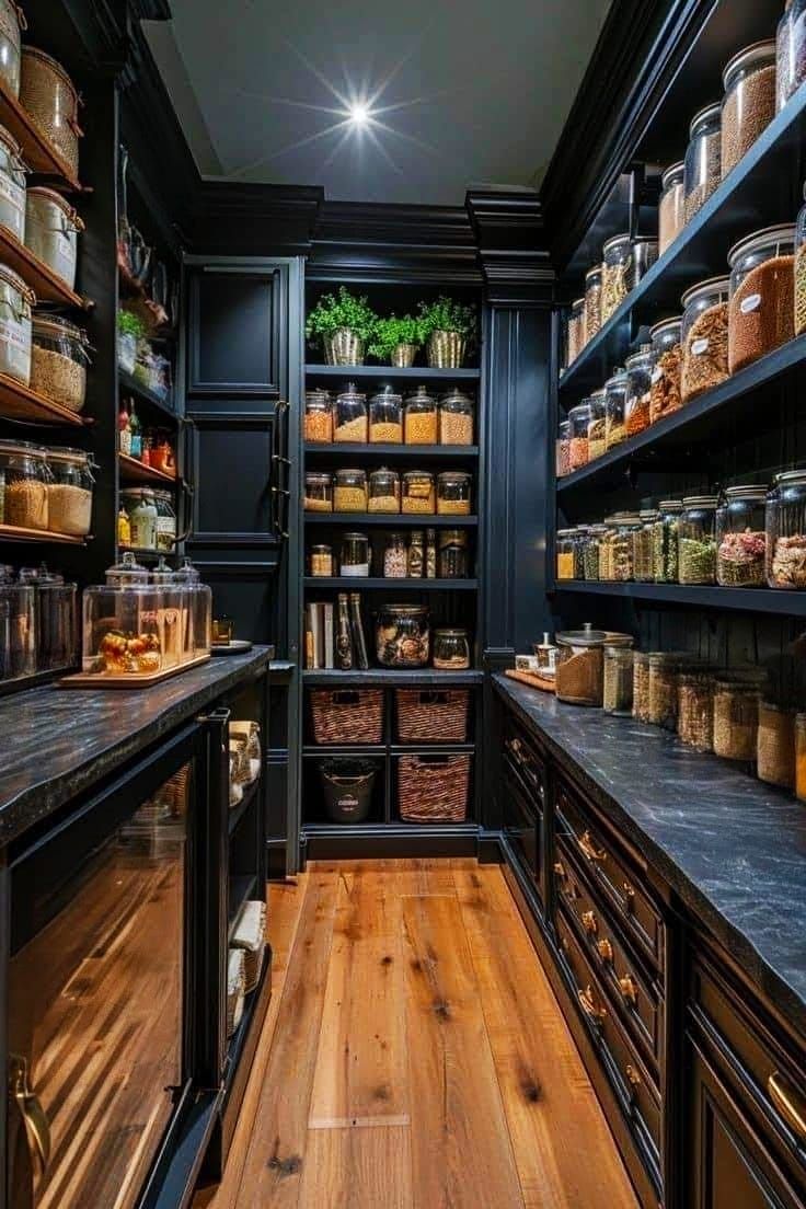 the pantry is stocked with many different types of spices and food in glass containers on shelves