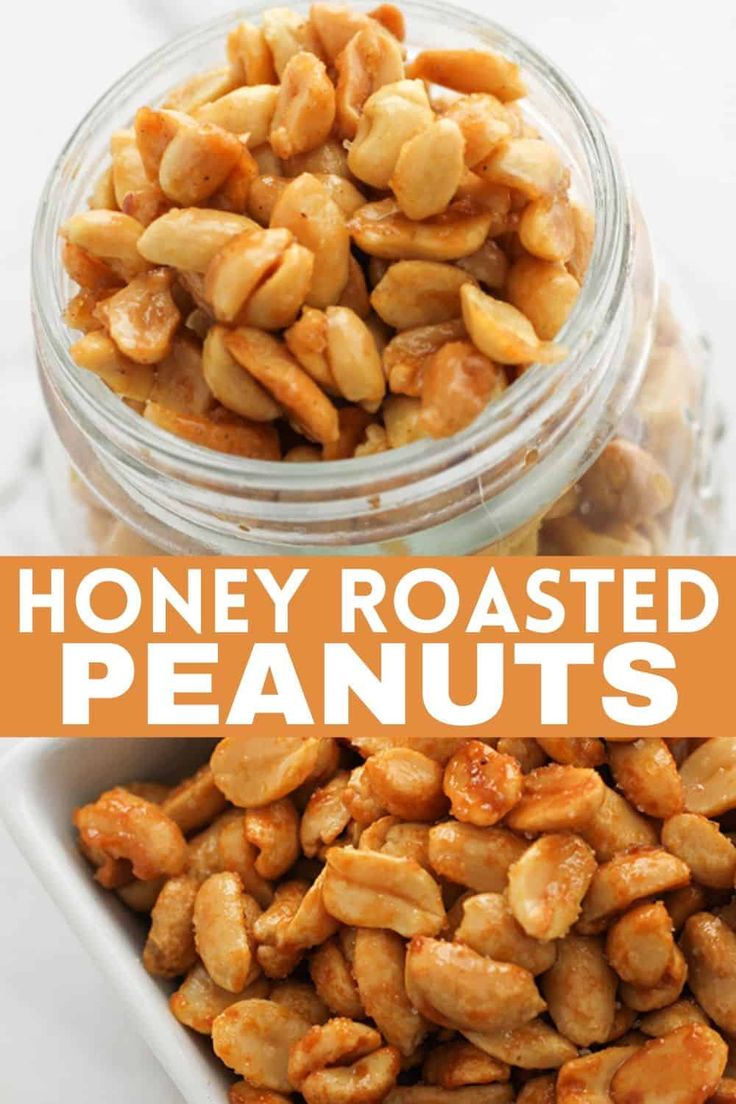 honey roasted peanuts in a glass jar with text overlay