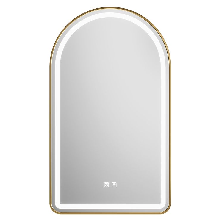 an oval mirror with gold trim around the edges and a white back ground, reflecting light