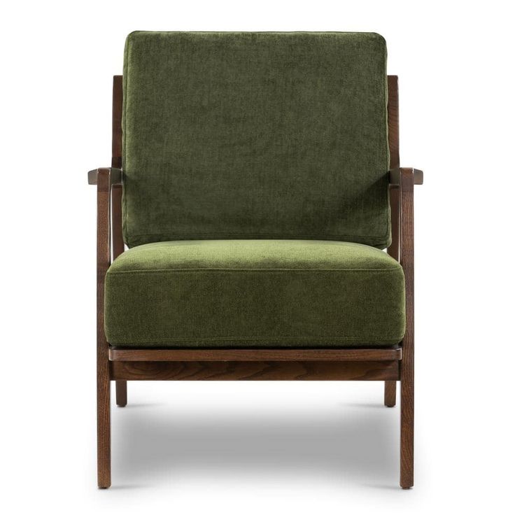 a green upholstered chair with wooden legs and arms, on a white background