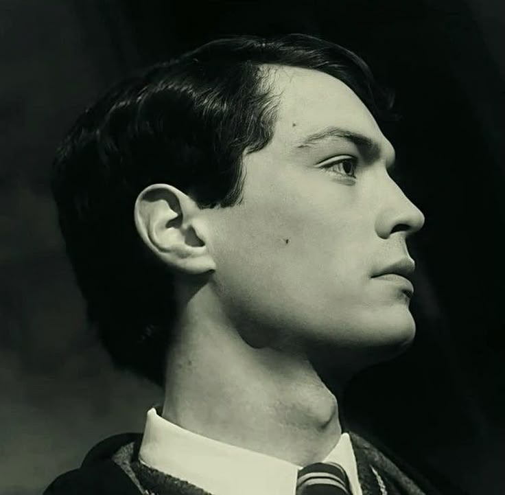 a black and white photo of a young man wearing a sweater and tie with his head turned to the side