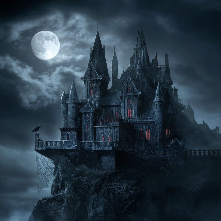 a castle on top of a cliff with a full moon in the background