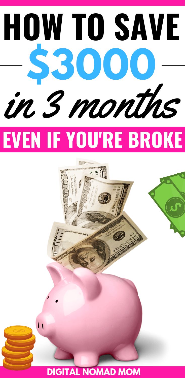 a pink piggy bank with money coming out of it and the words how to save $ 3, 000 in 3 months even if you're broke