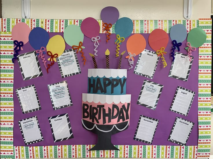 a birthday cake sitting on top of a table next to lots of balloons and confetti