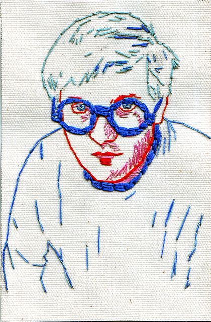 a drawing of a person with glasses on it's face, in blue and red