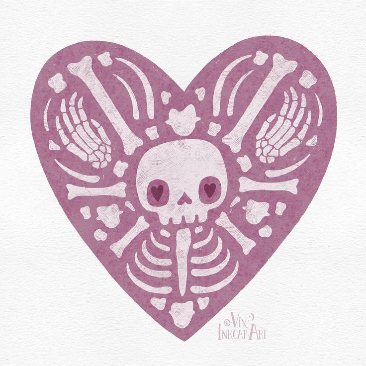 a pink heart with a skeleton in the middle and hearts on it's sides