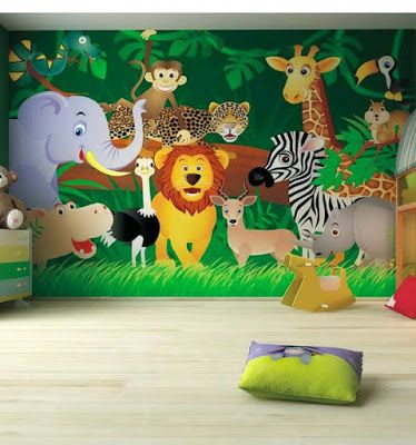 a children's room with an animal mural on the wall