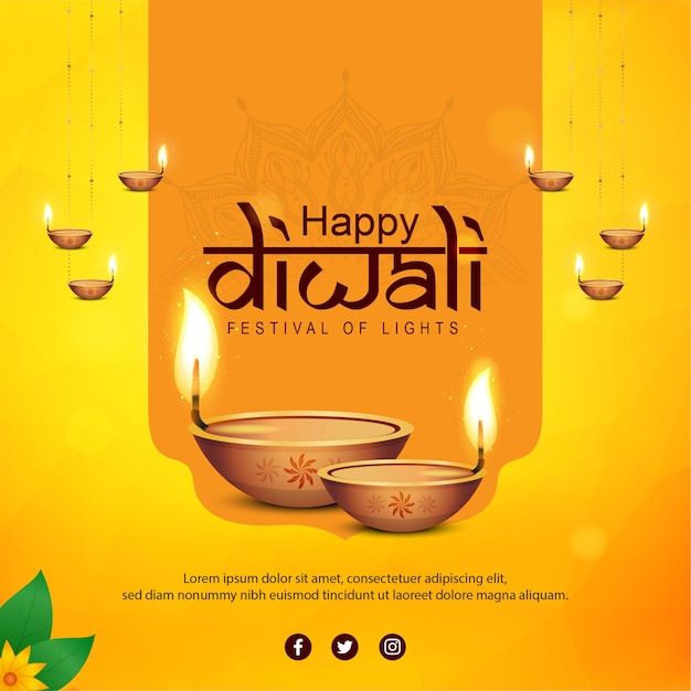 happy diwali festival of lights with candles on yellow background and green leaves in the foreground