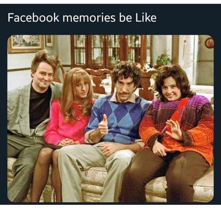 three people sitting on a couch with the caption facebook memories be like meme