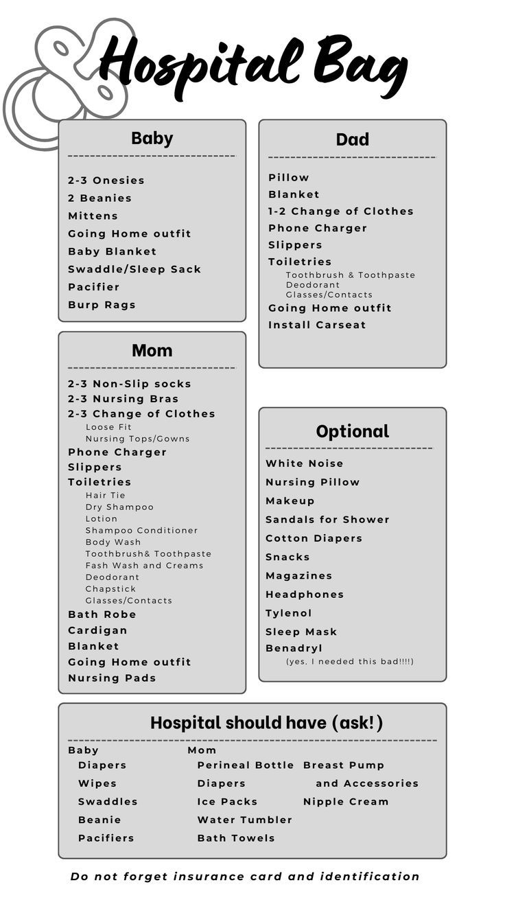 the hospital bag list is shown in black and white, with information for each item