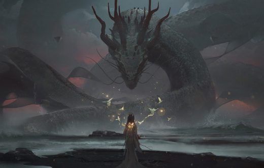 a woman standing in front of a giant dragon