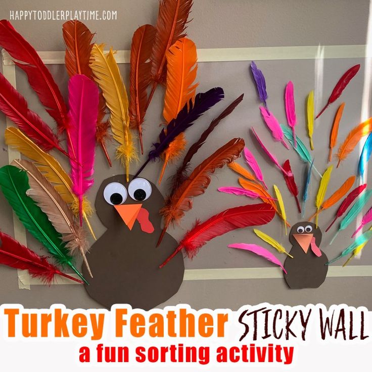 a turkey feather sticky wall with a fun sorting activity for kids to do on thanksgiving