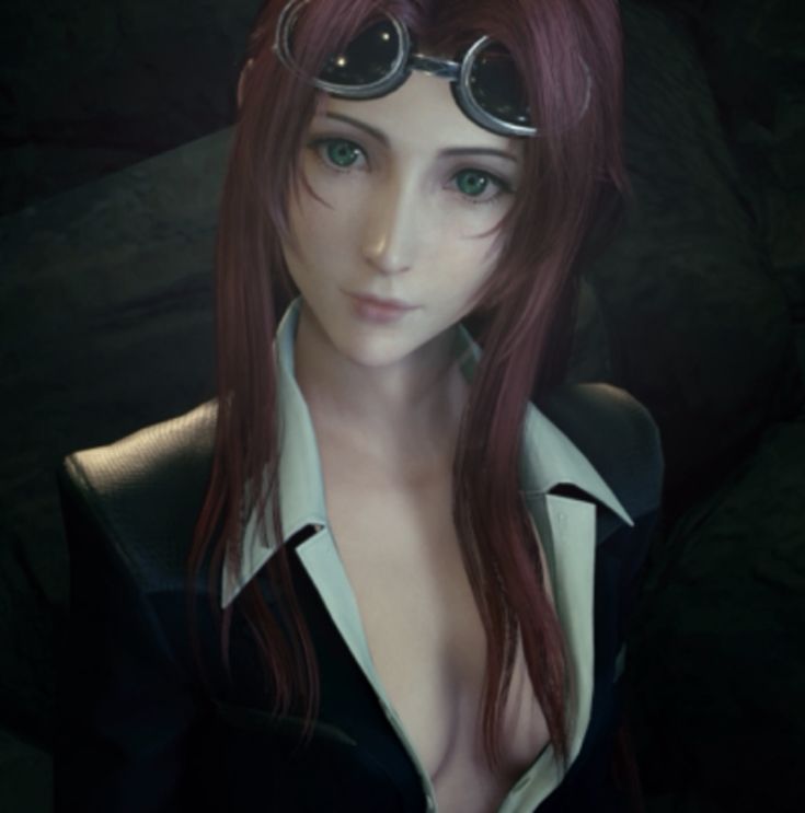 an animated woman with glasses on her head and long red hair, wearing a black suit