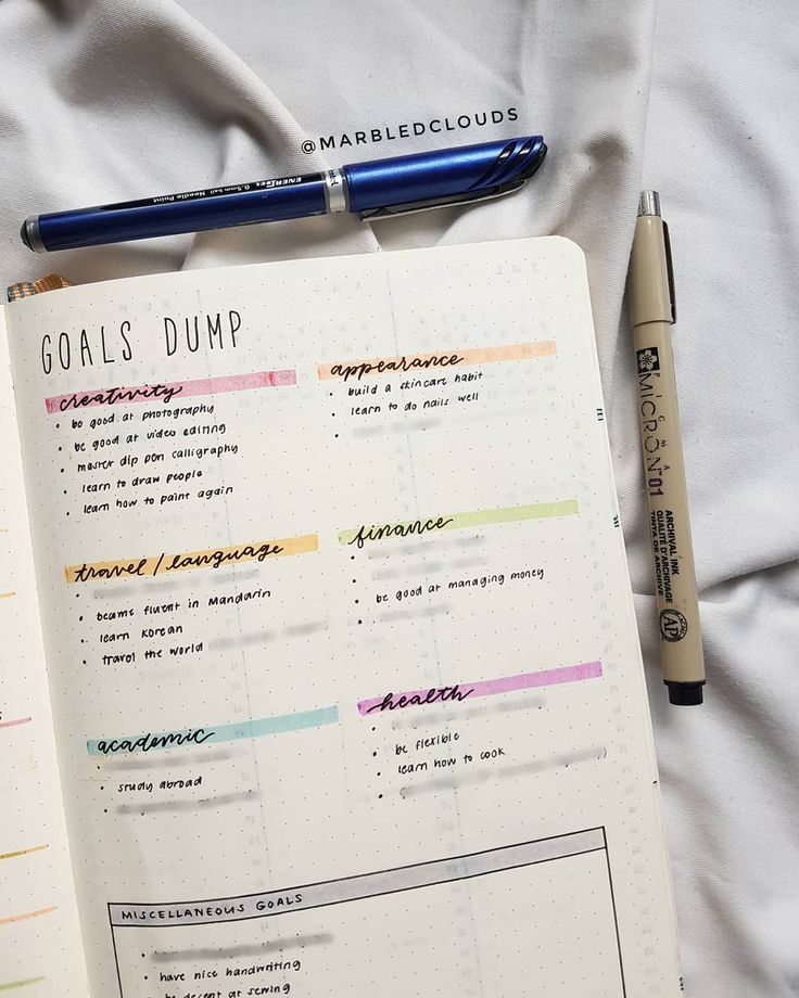 an open planner and pen sitting on top of a white sheet with the words goals dump written in it