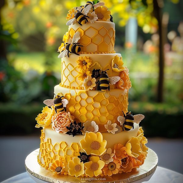 a three tiered cake decorated with bees and flowers