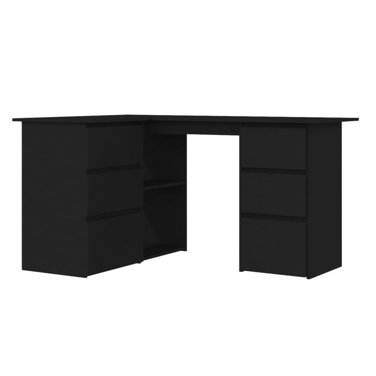 a black desk with two drawers and one drawer on the bottom, in front of a white background