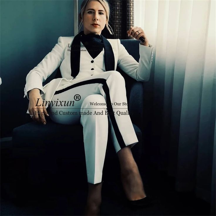 74.34US $ 38% OFF|Black Peaked Lapel White Women Suits Smoking Business Lady 3 Pieces Set Jacket Pants Vest Mother Of Bride Blazer Брючные Костюмы - Pant Suits - AliExpress Bride Blazer, Womens 3 Piece Suit, Wedding Pants, Business Lady, Black And White Suit, Tuxedo Women, Women Suits, White Tuxedo, Slim Fit Jackets