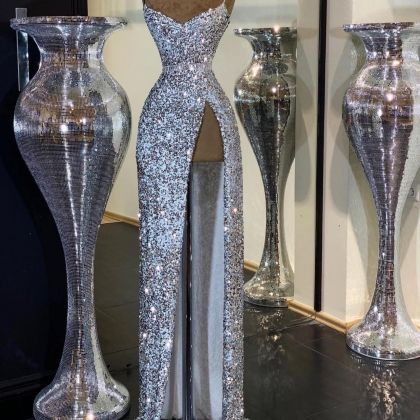 Silver Sequin Prom Dress, Sequin Prom Dresses Long, Prom Evening Dresses, Prom Dress Long, Spaghetti Strap Prom Dress, Sequin Prom Dress, Looks Party, Long Evening Gowns, Beautiful Mermaids